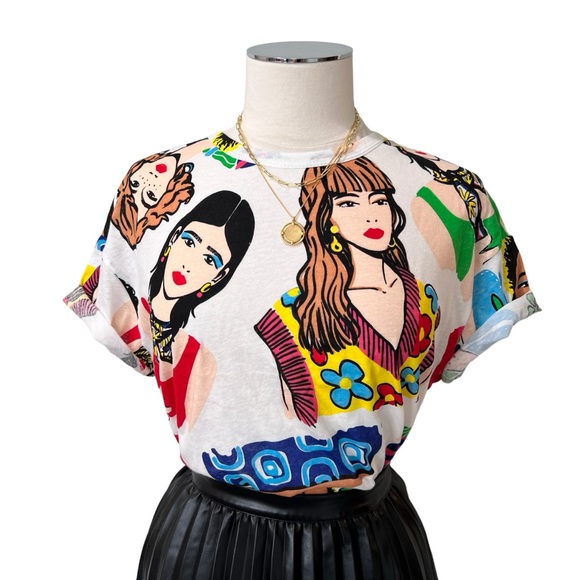 New ZARA Women’s Print Cropped Cotton T-Shirt Short Sleeve Multicolor Sz S - Picture 12 of 12